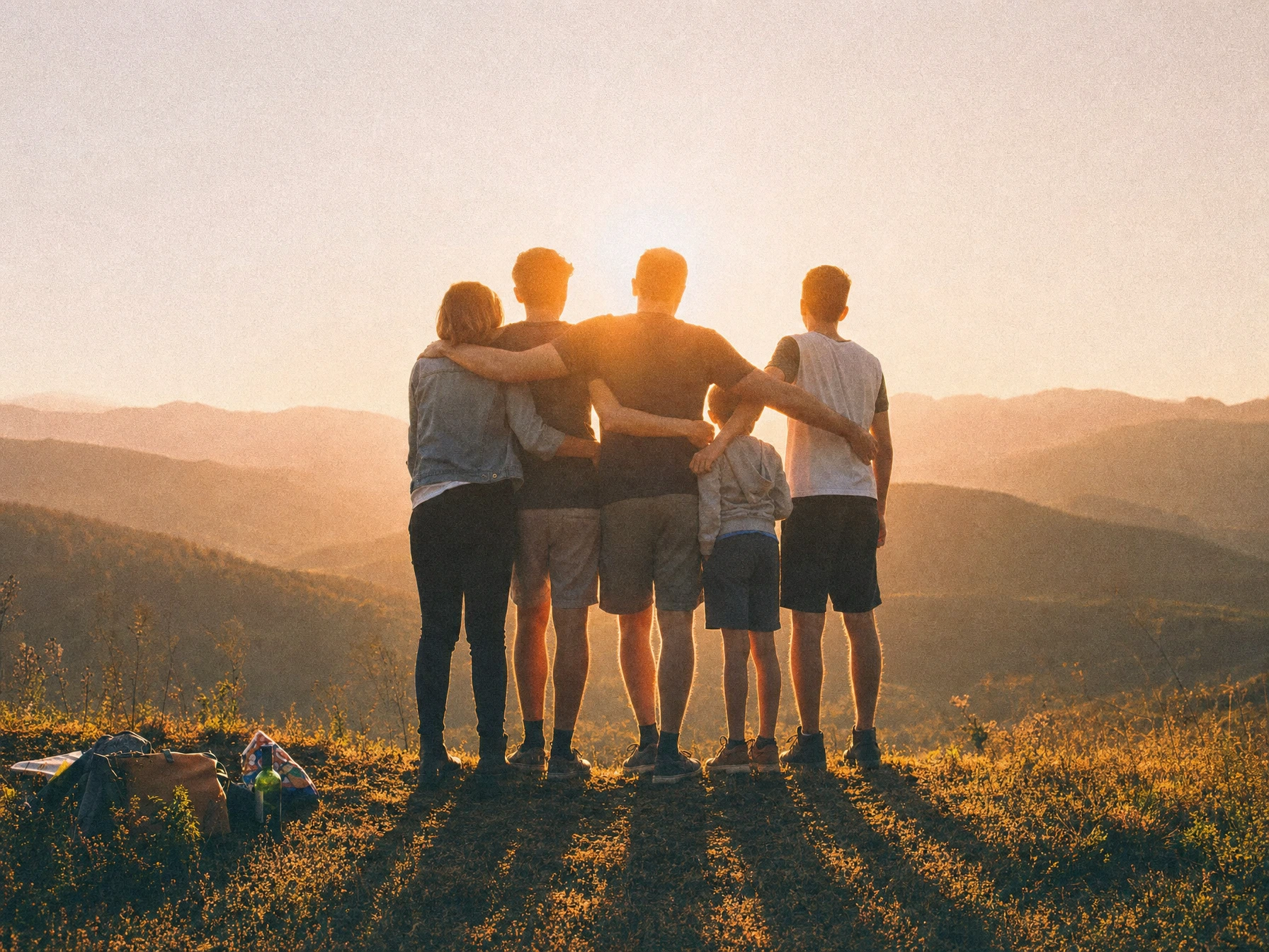 A family standing together outdoors at sunrise